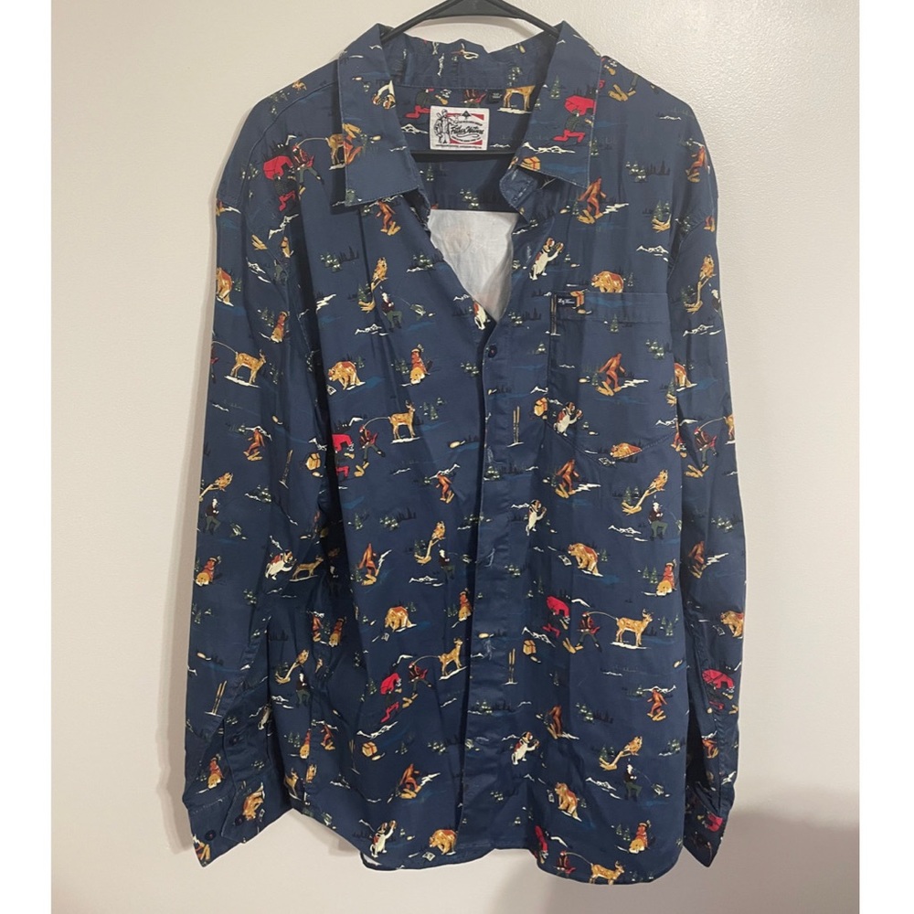 Lifted research rare camping printed button up shirt